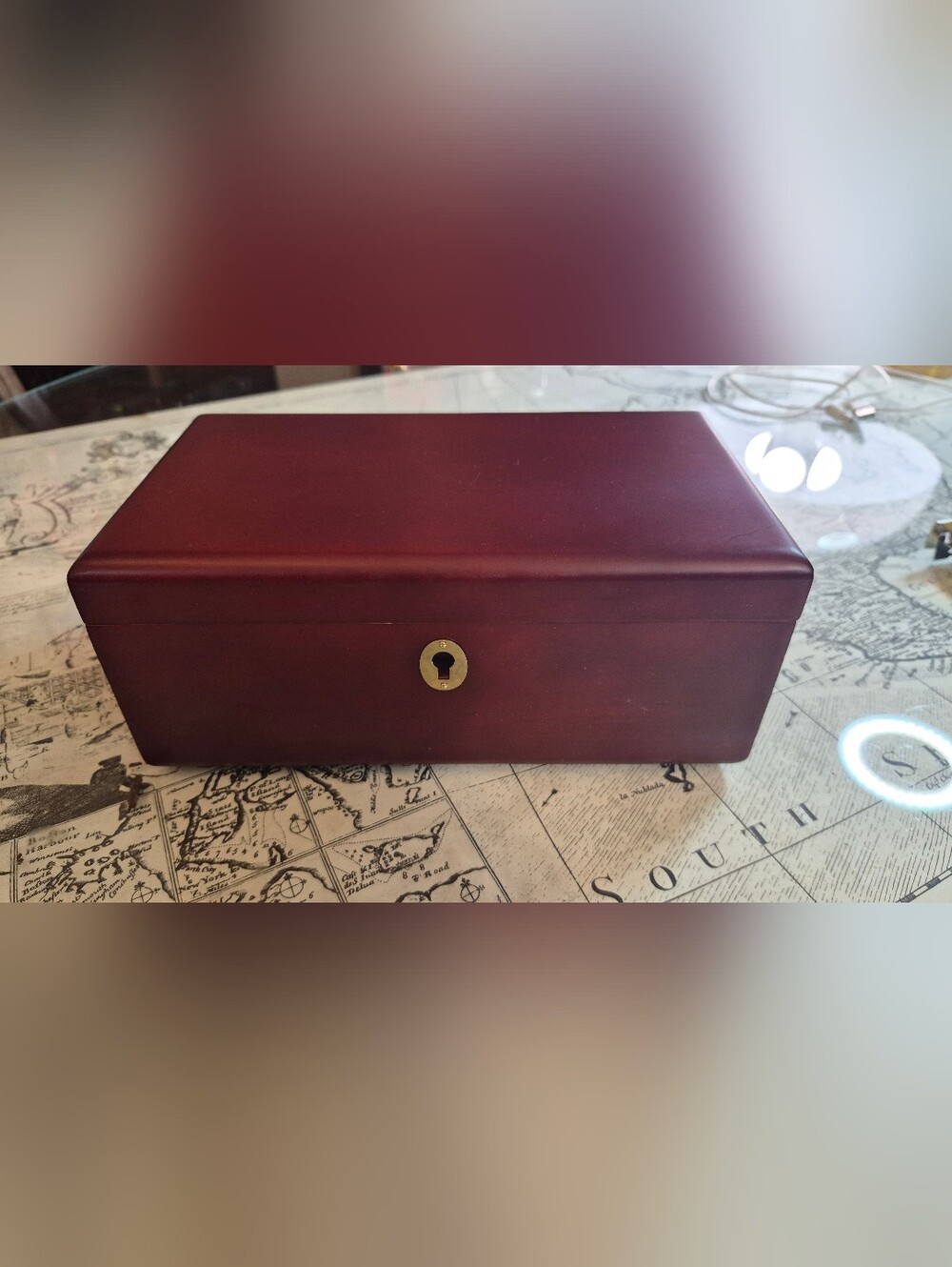 Wooden Jewelry Box in Deep Mahogany with Brass Keyhole/Key
